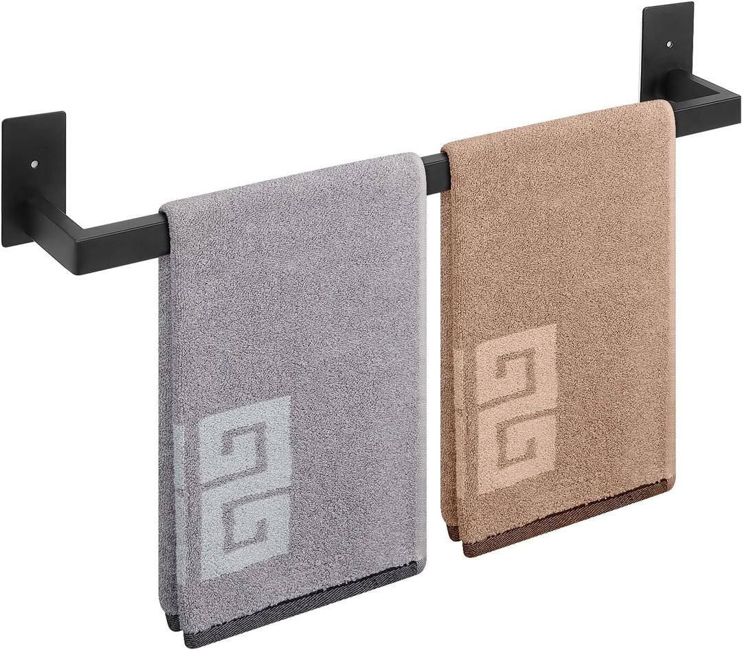 NearMoon Self Adhesive Bathroom Towel Bar, Stainless Steel Square Bath Wall Shelf Rack Hanging Towel Stick On Sticky Hanger Contemporary Style, Towel Rack Wall Mounted (24 Inch, Matte Black)