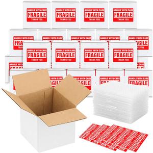 25Pack 5x5x5 Shipping Boxes for Small Business,White Mailing Boxes with Bubble Bags & Fragile Stickers for Mailing and Packing Small Gifts,Candle 5x5 Shipping boxes,Mug boxes for Shipping