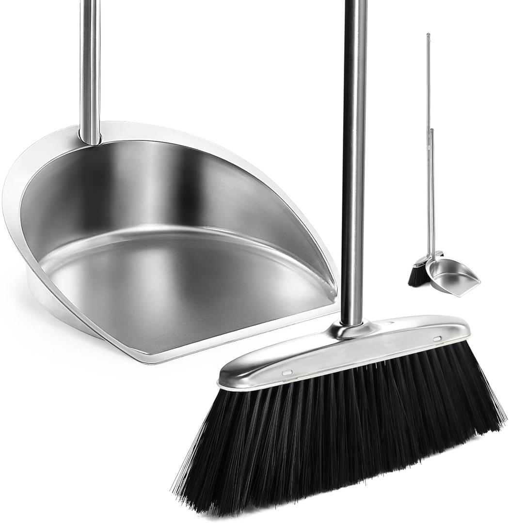 Broom and Dustpan Set for Home, Upright Broom and Dust Pan with Long Handle, Heavy Duty Stainless Steel Dustpan with Broom Combo Set for Sweeping Indoor Outdoor Kitchen Lobby Floor, Black