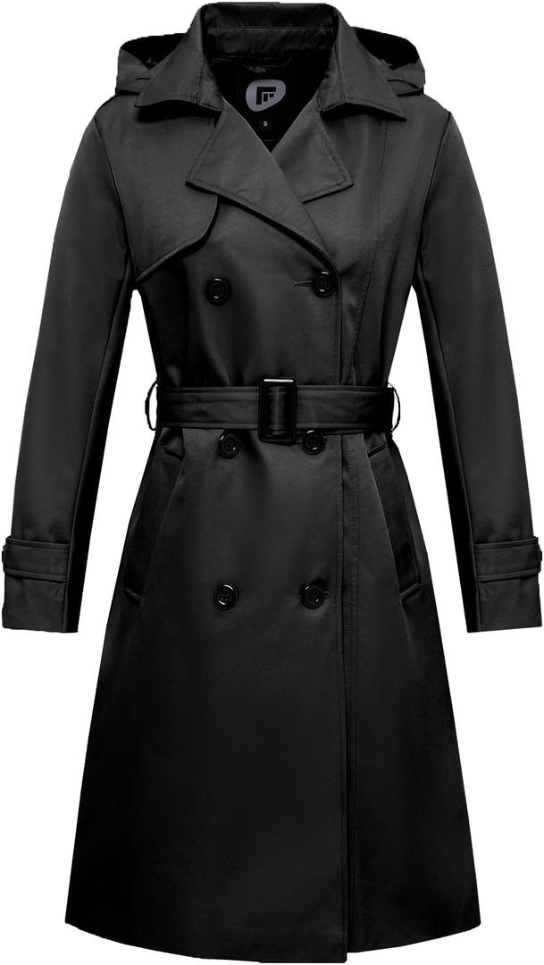 Garemcy Women's Long Waterproof Trench Coat Double Breasted Classic Lapel Coat Belted with Detachable Hood (Medium, Black)
