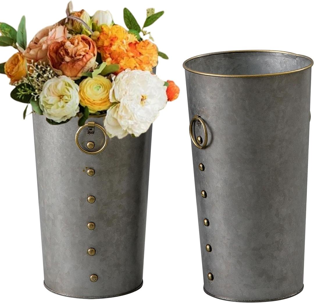 SOFE Galvanized Bucket Metal Vases for Flowers Set of 2-10 Inches Tall Rustic Vases with Handle - Modern Farmhouse Vase for Home Decor - Floral Arrangement - Centerpiece for Party, Wedding (Silver)