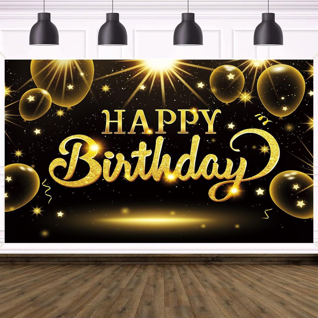Black Gold Birthday Backdrop Decorations Golden Balloons Glitter Star Happy Birthday Backdrop Banner Photography Background for Women Men Party Photo Booth Supplies 7x5ft