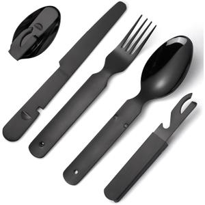 Portable Silverware Black Flatware Camping Cutlery Stainless Steel Spoon Fork Knife and Bottle Opener 4 Pieces Utensil Outdoor Travel Foldable Easy to Clean