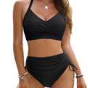 Blooming Jelly Womens High Waisted Bikini Sets Ruched Tummy Control Bathing Suit 2 Piece Swim Suit (Medium, Black)