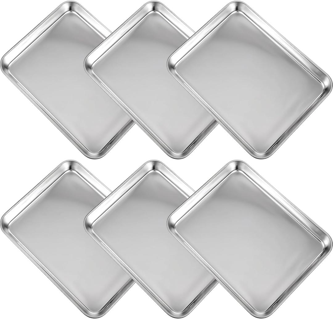 6 Pieces Baking Sheet Pan Cookie Sheet Set for Oven Stainless Steel Trays Nonstick Small Serving Tray Cake Toaster Metal Food Trays, Oven and Dishwasher Safe(10.4 x 8 x 1 Inch)