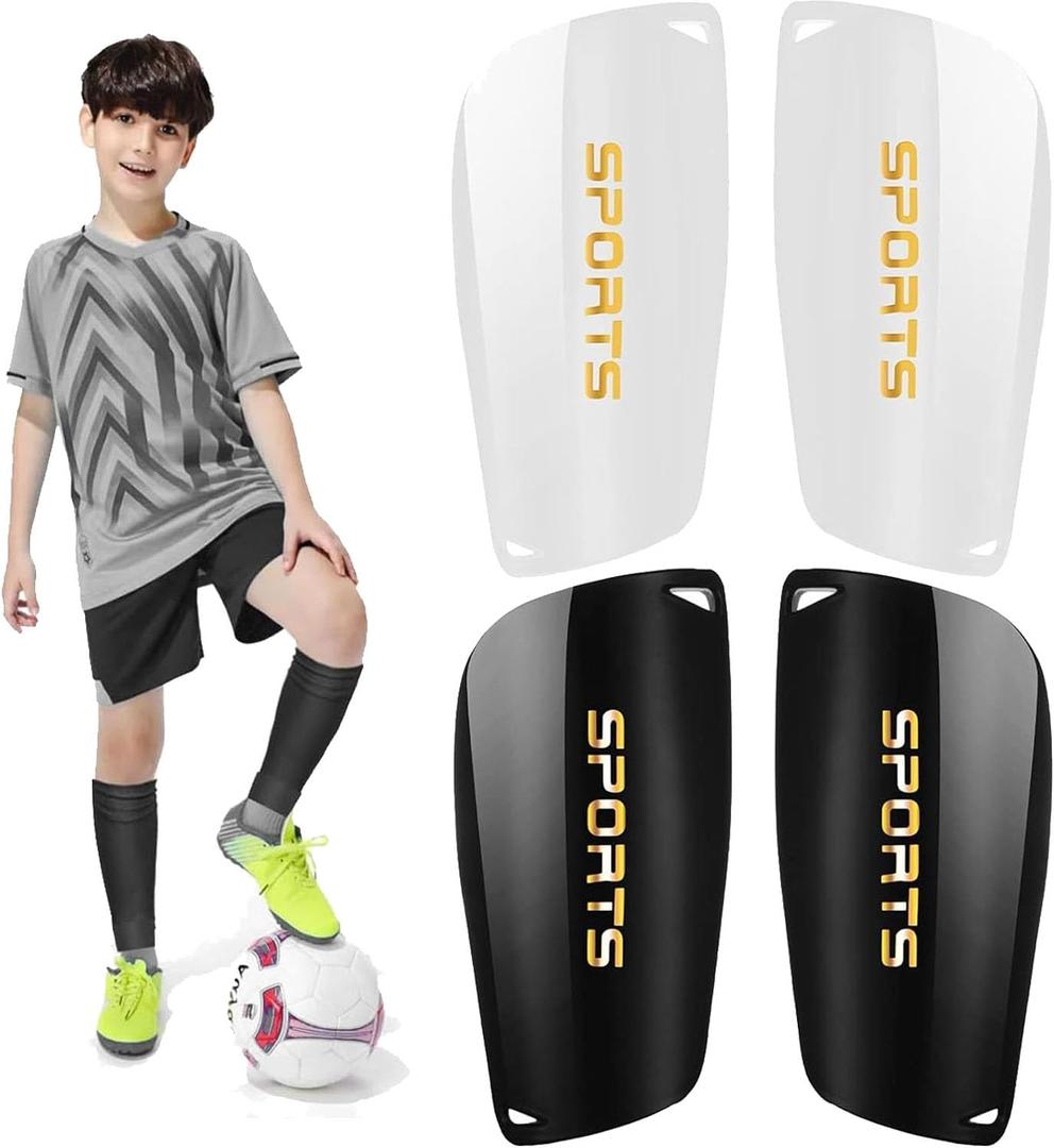 2 Pair Soccer Shin Guards Kids Youth, Shin Pads for 3-15 Years Old Boys and Girls Football Games EVA Cushion Protection Reduce Shocks and Injuries Lightweight Equipment (Large, Black and White)