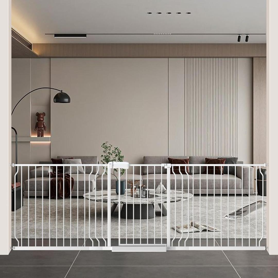 WAOWAO Baby Gate 85.83-95.25" Extra Wide Pressure Mounted Walk Through Swing Auto Close Safety White Metal Toddler Kids Child Dog Pet Puppy for Stairs,Doorways,Kitchen