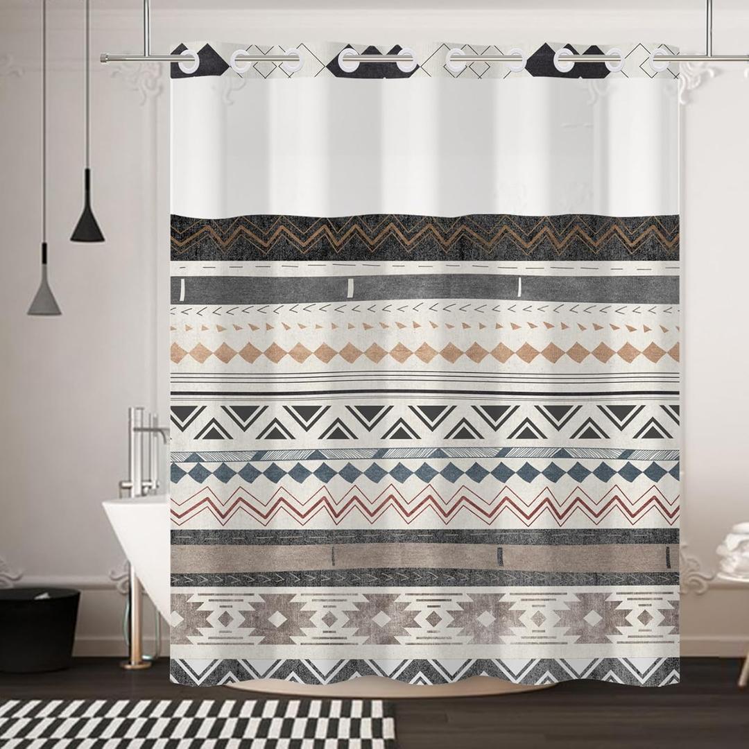 Beige Bohemian No Hook Shower Curtain,Boho Stripe Double-Layered Shower Curtain with Snap-in Liner and Weights,National Style Fabric Bath Curtain with See Through Mesh, 71x74in