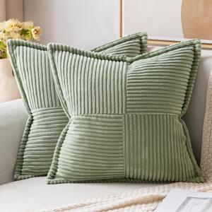 MIULEE Decorative Throw Pillow Covers for Couch Bed Livingroom 18x18 Inch Set of 2 Sage Green Boho Accent Throw Pllows Broadside Striped Patchwork Soft Corduroy Pillowcases