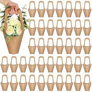 Gilprop 50 Packs Kraft Paper Flowers Gift Bags with Handle Flowers Bouquet Holder for Wedding, Valentines Day Decoration, Florist Shop (Small)