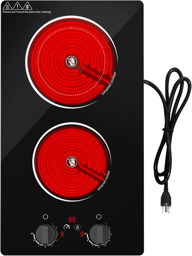 Electric Cooktop,110V 2100W Stove top,Countertop and Built-in 2 burner cooktop,9-speed power, child safety lock, timer, knob and touch control 2 burner Electric cooktop