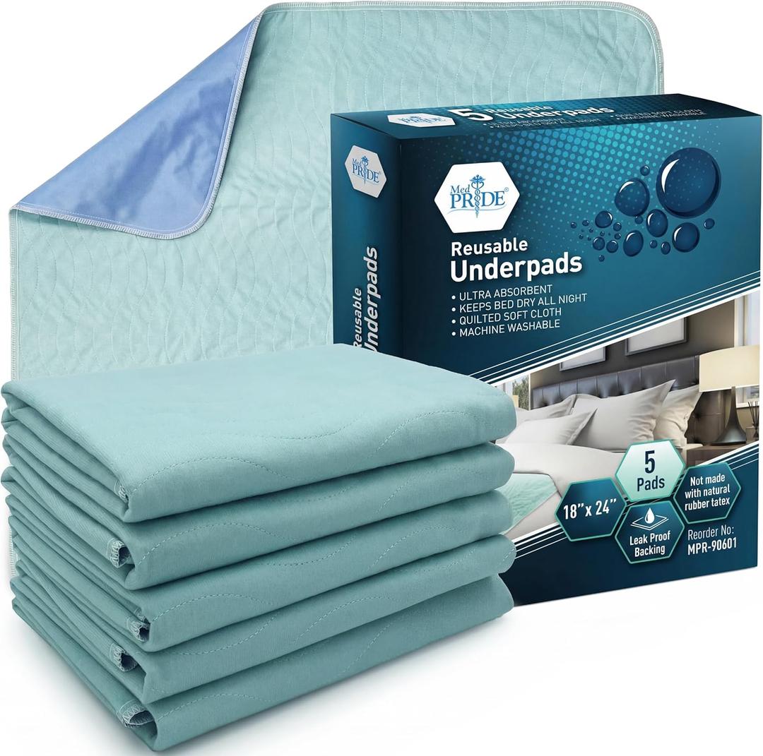 MED PRIDE Reusable Underpads 18 x 24 Inch, 5 Pack Washable Bed Pads, Waterproof Incontinence Pads, High Absorbency Reusable Chux Pads for Bed, Chair, Sofa & Pet Use