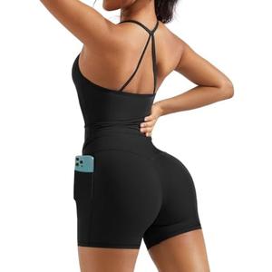 OMKAGI 2 Piece Workout Sets for Women Padded Sports Bra Tank Booty Gym Shorts with Pockets Size XL