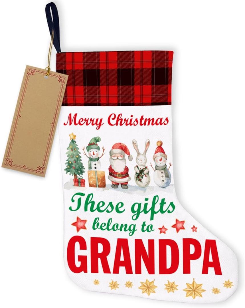 HOIJAUMAI Grandpa Christmas Stocking Gifts for Grandpa Papa New Grandpa Merry Christmas These Gifts Belong to Grandpa Xmas Stocking for Fireplace Stairs Wall Hanging Xmas Home Decor 18 x 12 Inches