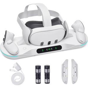 Charging Dock for Meta Quest 3, Auto-Clamping VR Charging Stand for Quest 3 VR Headset and Controllers, Magnetic Fast Charging Station Accessories with 2 Rechargeable Batteries, LED Indicator