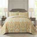 NEWLAKE Cotton Bedspread Quilt Sets-Reversible Patchwork Coverlet Set, European Beige Floral Pattern, California King Size