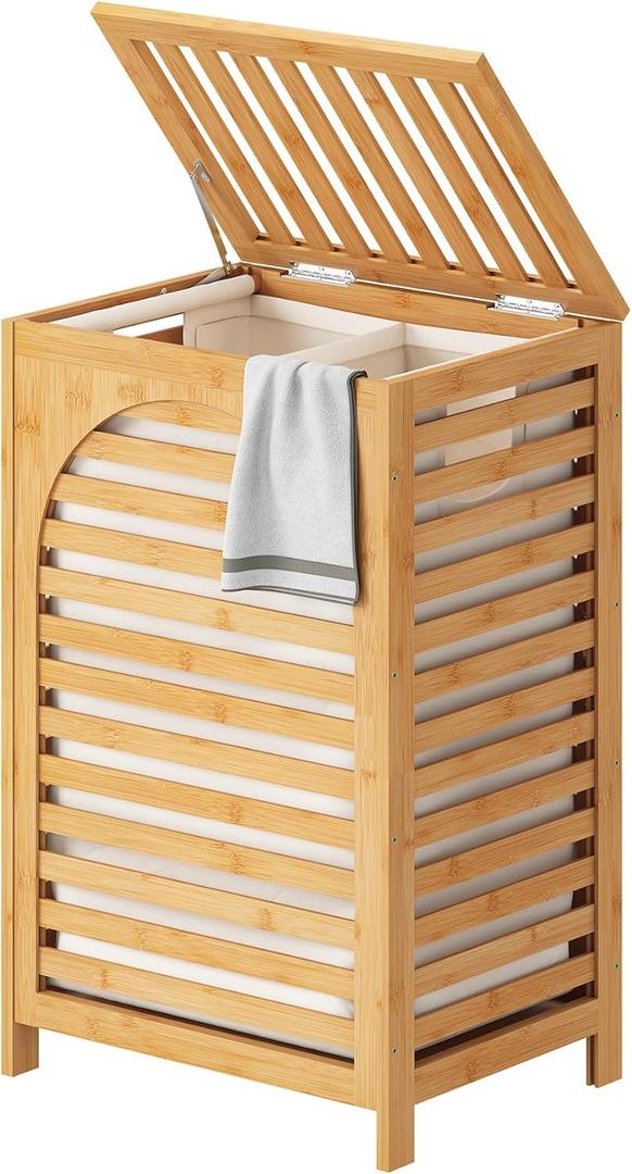 FILWH Laundry Hamper with Lid (16.9 * 13 * 26.5inches) Large Bamboo Laundry Bin Basket 85L Clothes Hamper with 1 Removable Bag Storage baskets for Bathroom(Natural)