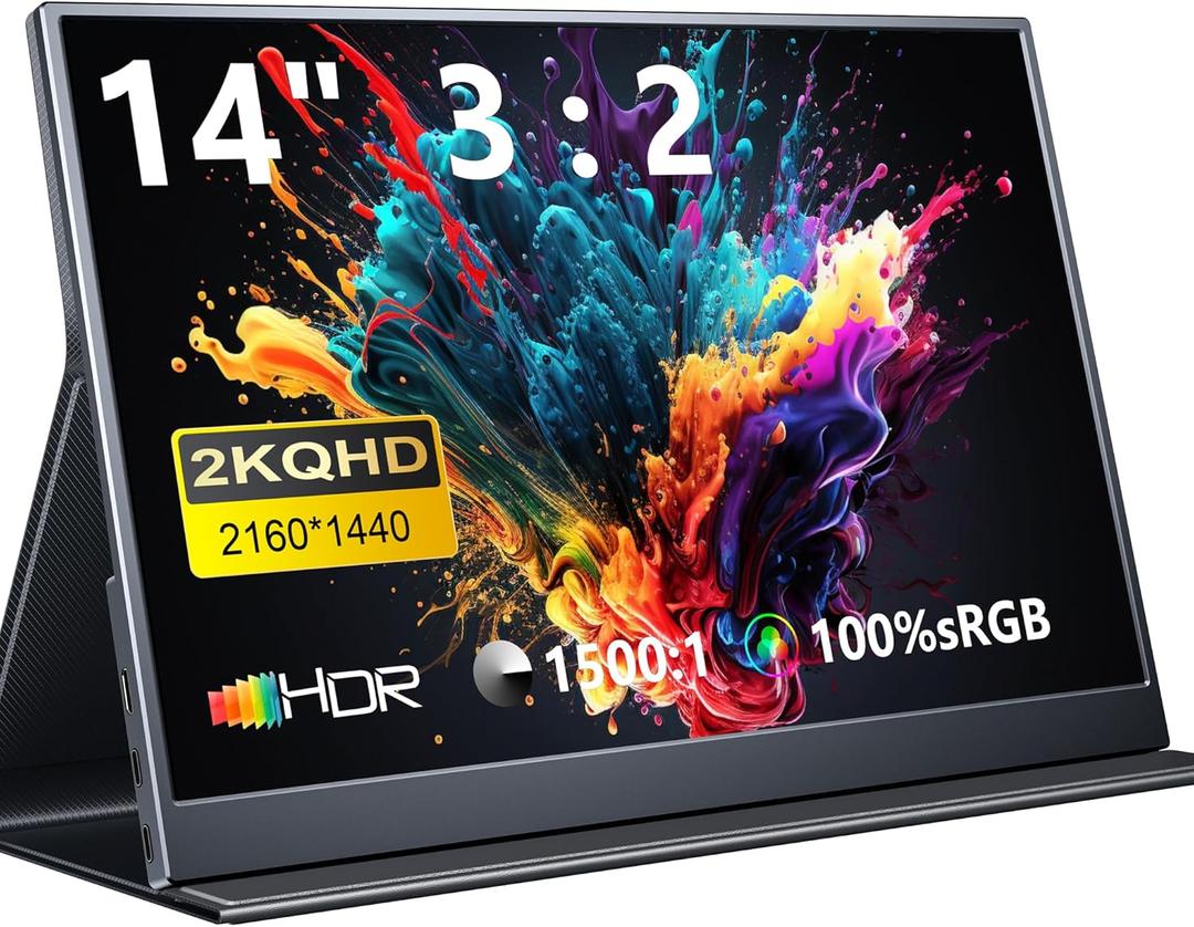 Portable Monitor 14 inch 2160 * 1440P IPS Laptop Monitor, Dual USB C HDMI Second Computer Screen, Gaming Display with 2 Speakers, Travel Monitor for Laptop PS4/5 PC Phone Xbox Switch