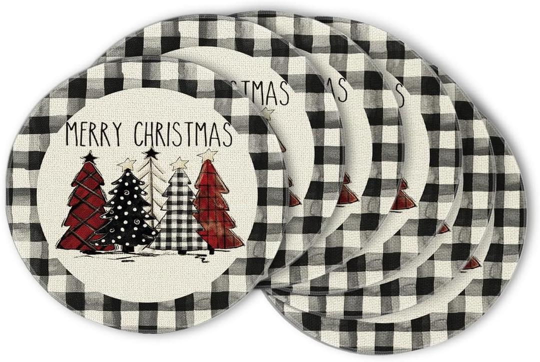 Artoid Mode Waterclor Buffalo Plaid Christmas Trees Merry Xmas Round Placemats Set of 6, 14 Inch Seasonal Winter Round Table Mats for Dining Decoration (Black/White)