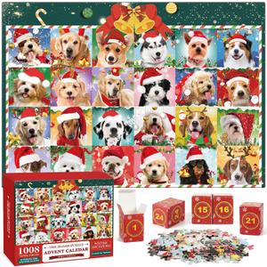Advent Calendar 2025 Christmas Jigsaw Puzzles, Christmas Dogs Jigsaw Puzzles 1008 Pieces Puzzle 24 Days Christmas Countdown Calendar Family Game Christmas Gifts for Kids Teens Adults