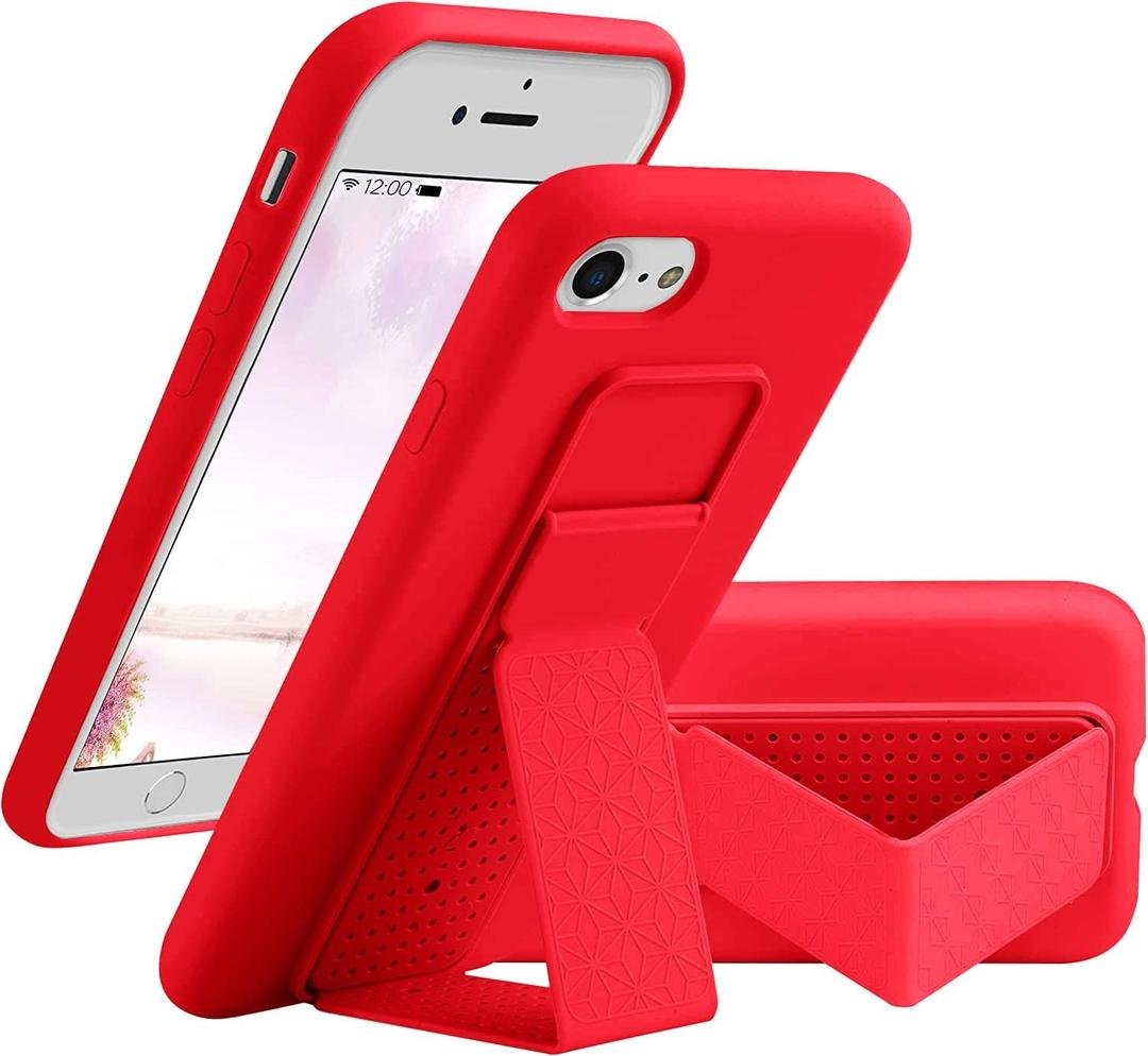 LAUDTEC Silicone Kickstand Case Compatible with iPhone 7/8/SE, Vertical and Horizontal Stand Hand Strap Metal Kickstand Cover, Flexible Soft Liquid Silicone Stand Case for iPhone 7/8/SE (Red)