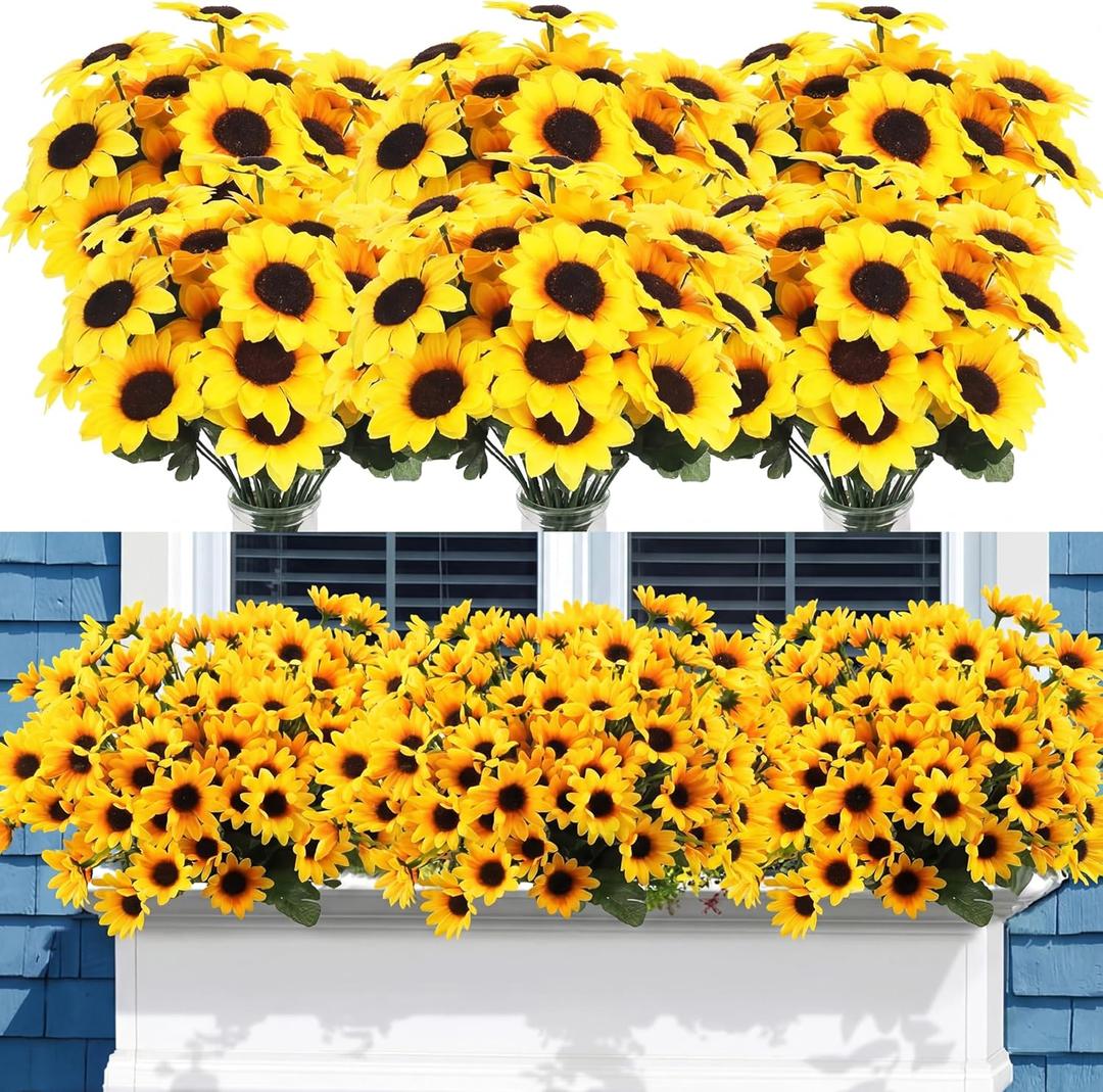 Redbaker 24 Bundles Yellow Sunflower Faux Mums for Outdoor Artificial Flower with Stems Bouquet Fake Plants Bulk UV Resistant Plastic No Fade Wedding Fall Garden Home Window Decor (Sunflower)