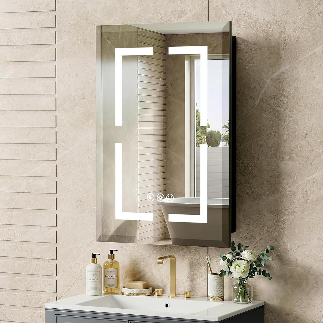 16"X24" Bathroom Medicine Cabinet with Mirror, LED Lighted Medicine Cabinet with Anti-Fog, 3 Colors Temperature Stepless Dimmable, Metal Cabinet for Storage and Mordern Decor, Black