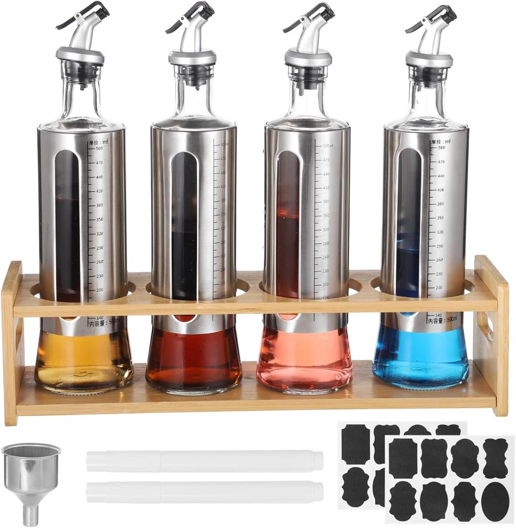 4 Pcs Oil Dispenser Bottles Set, Glass Olive Oil Bottles with Wooden Rack, 17oz/500 ml Vinegar Dispensers with Spouts, Includes Metal Funnel, Labels, and Markers for Kitchen