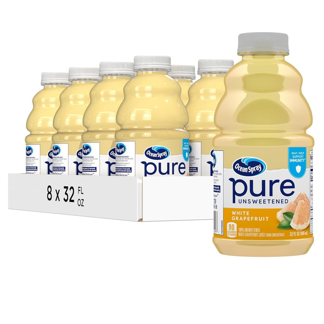 Ocean Spray Pure Unsweetened White Grapefruit, 100% White Grapefruit Juice, 32 Fl Oz Bottle, (Pack of 8) (EXP 04/07/26)