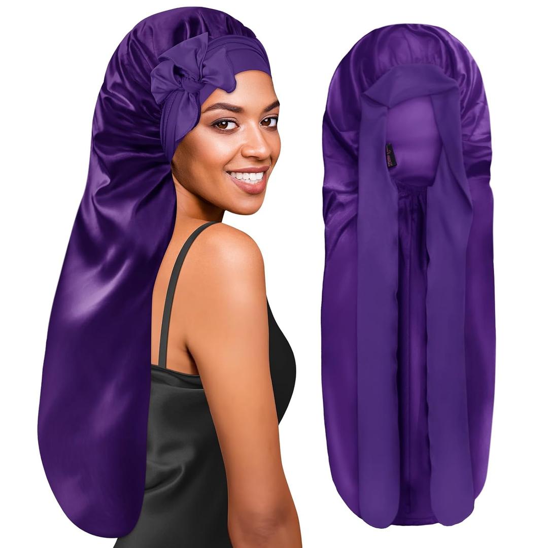 6 x BONNET QUEEN Extra Long Braid Bonnet for Sleeping Silky Satin Foldable Weave Locs Curly Wigs Extensions Hair Tie Band Large 30" Purple