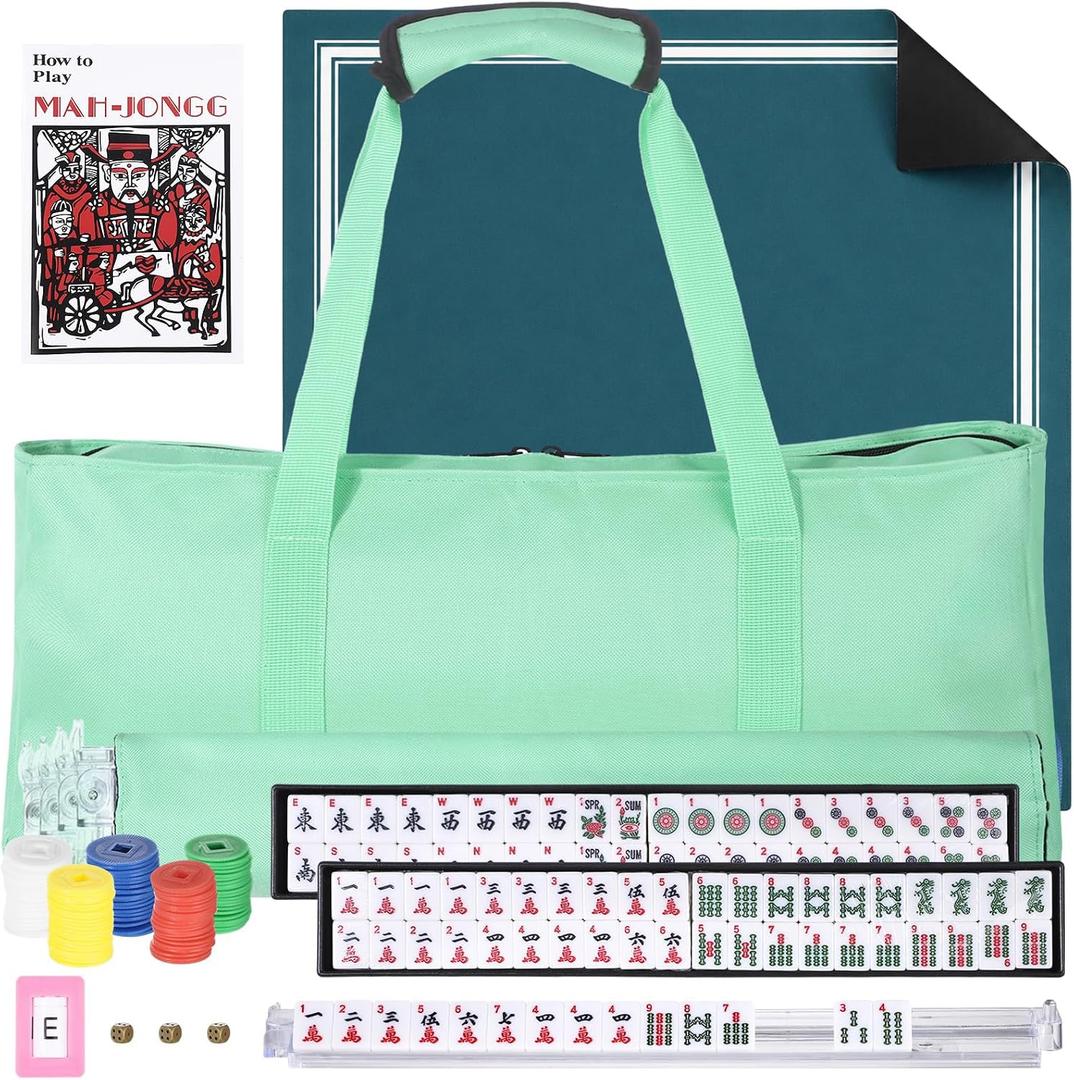 American Mahjong Tile Set, 166 Pcs Mahjong Game Set Including 166 Engraved Tiles, Mat, Pusher Racks, Money Chips, Dice, and Storage Bags for Family Gatherings, Parties, Outdoors (Green), 1.2 x 0.8 x 0.6 in