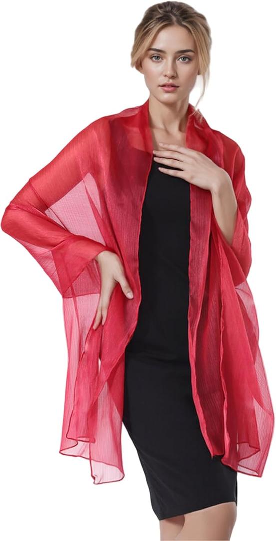 Women Sheer Crepe Shawl - Lightweight Soft Shimmer Wrap for Evening Party, Travel & Festival - Versatile Elegant (Wine Red, 200×68 cm / 79" x 27")