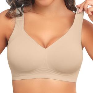 PoseFree Womens Seamless Wireless Supportive Bra Push Up Comfort Soft No Underwire Full Coverage T-Shirt Bra (Beige, M)