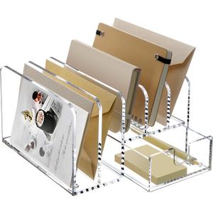 SANRUI Desk Organizers and Accessories, Acrylic Mail Organizer Countertop, 5-Slots File Sorter with Drawer, Desktop Organizer for Office Supplies, Clear 