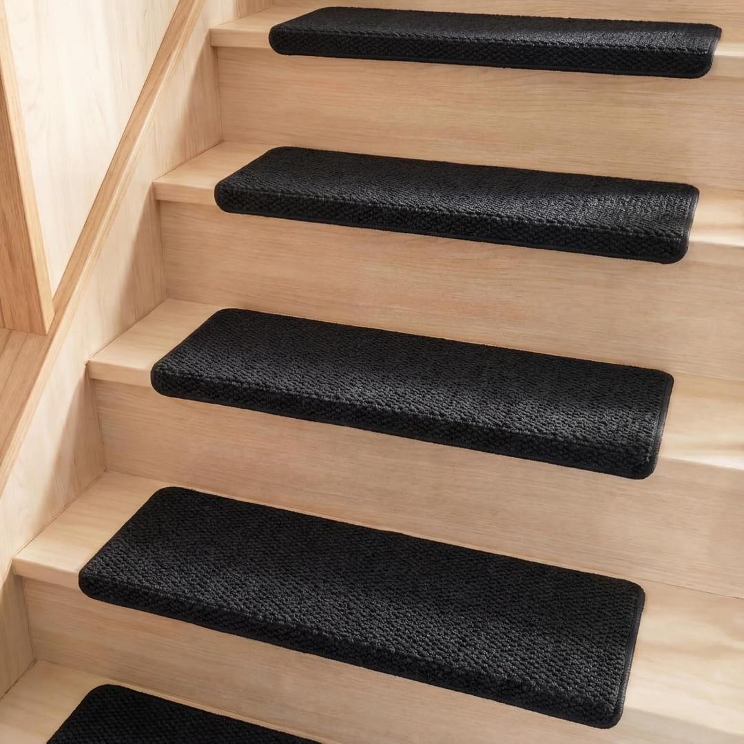 Nuanchu 15 Pcs Bullnose Carpet Stair Treads Non Slip Stairs Treads Washable Bullnose Carpet Pads for Indoor Wooden Steps Pet Safety Rugs (29.5"x9.4",Black)
