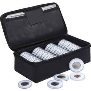JUNDUN Fireproof Coin Storage Box, 36pcs Coin Holder Capsules with Foam Gasket & 100 Paper Currency Organizer Sleeves, 5 Sizes (40/35/30/25/20mm) Collecting Case for Collection Supplies