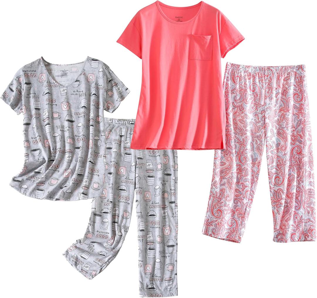 PNAEONG 2 Pack Women's Cotton Pajama Sets Short Sleeve Sleepwear Tops with Capri Pants Summer Loungewear Pj Sets S-3XL (XX-Large) PNAEONG 2 Pack Women's Cotton Pajama Sets Short Sleeve Sleepwear Tops with Capri Pants Summer Loungewear Pj Sets S-3XL (XX-Large)
