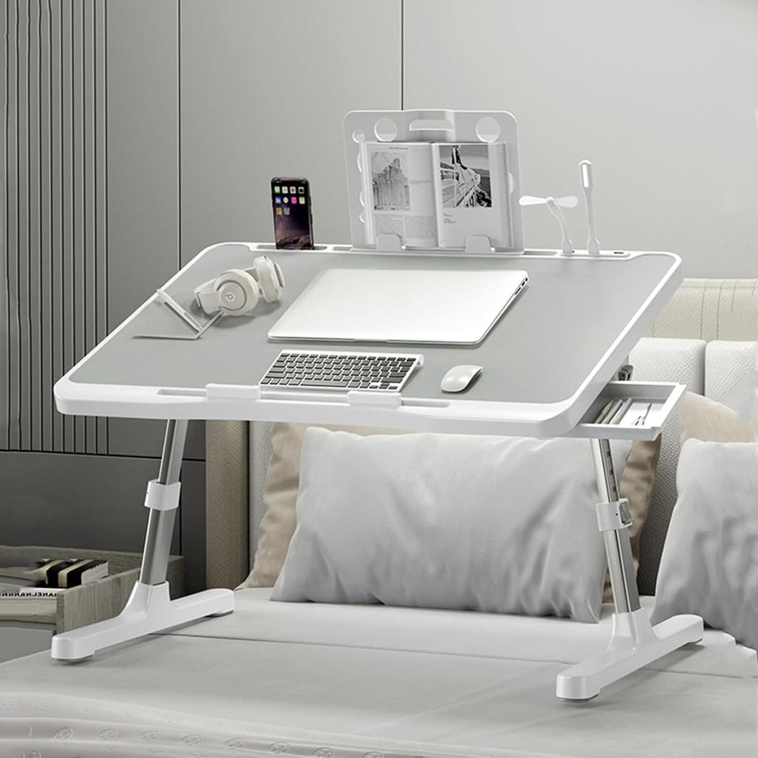 Laptop Desk for Bed, Adjustable Beds Table with USB Charge Port, Foldable Lap top Table with Storage Drawer, Portable Laptops Bed Desk Tray for Eating Working Writing Reading (Silver)