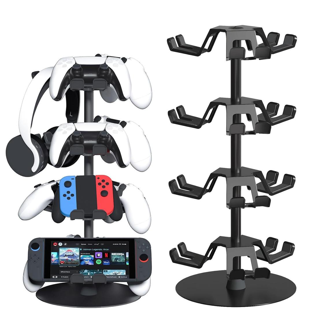 Controller Holder Stand 4 Tiers for Desk, Aluminum Alloy Rotatable Gaming Headset Stand for PS5/PS4/Xbox/Switch2/PS Controller/Headphone Holder for 12 Packs Controller