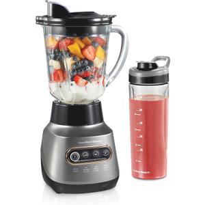 Hamilton Beach Wave Action Blender for Smoothies, Stainless Steel Ice Sabre Blades, 40oz Glass Jar, 20oz Blend-In Portable Travel Jar, 800 Watts, Quiet Design, Gray (58181)