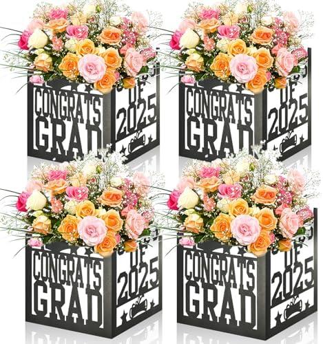 4 Pack 7x7x7.5 Inches Black and White Graduation Centerpiece Boxes with Laser-Cut 'Congrats Grad Class of 2025' Lettering, Perfect for Grad Party Favors, Flower Arrangements and Table Decorations