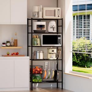 Kitchen Storage Cart, 5 Tier Microwave Cart Stand, Bathroom Organizers and Storage, Shelf Rack Organizer, Coffee Bar Cart Black for Living Room Office, Black(No Hooks