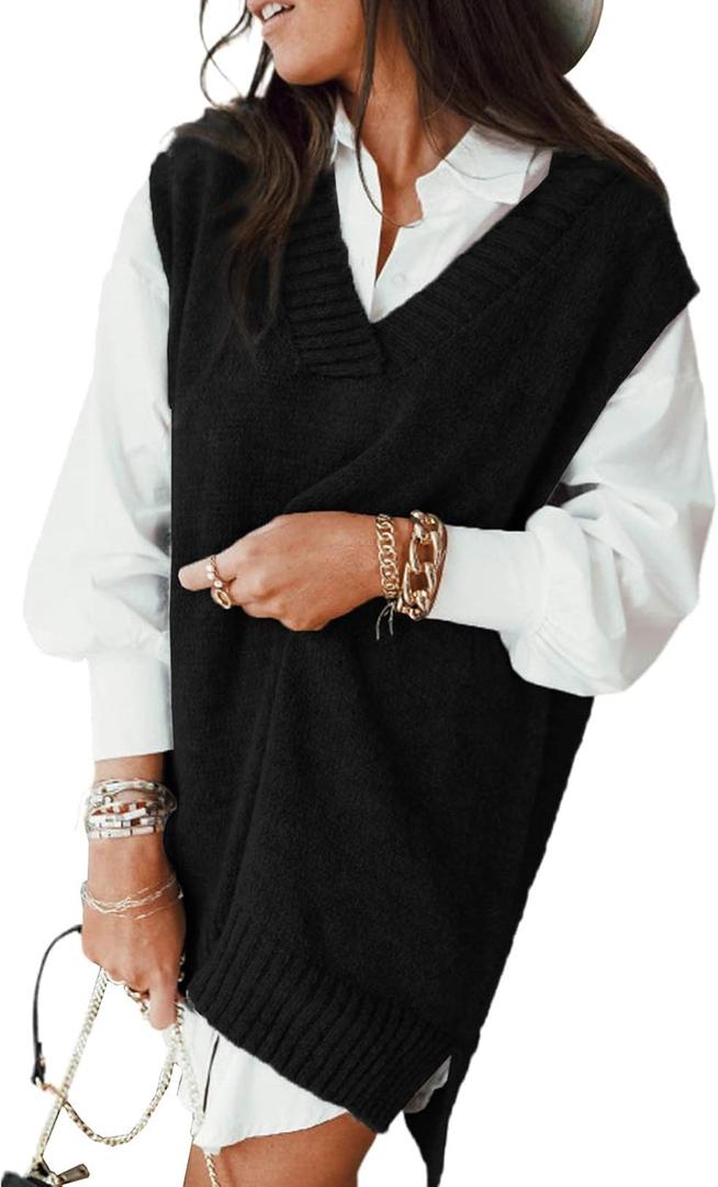 EVALESS Oversized Sweater Vest for Women V Neck Sleeveless Solid Color Loose Pullover Sweater (Large, D Black)