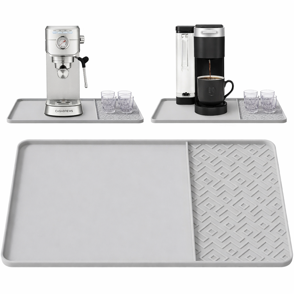 Silicone Coffee Mat with Raised Edges 19" x 12" Waterproof Countertop Mat, Coffee Maker Pad, Espresso Machine Mat, Heat Resistant Dish Drying Mat (Light Grey)