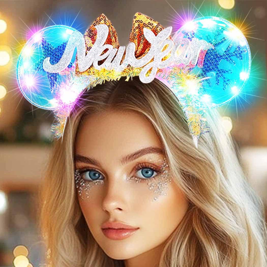 Yean Light Up New Year Headband Mouse Ears Headbands Bow Kot Hair Accessories for Women (Gold-Color Light, One size)