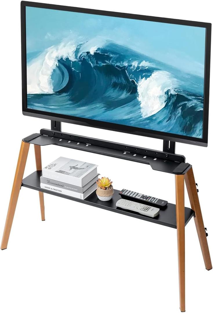 MyGift Modern TV Stand with Shelf for Flat Screens, Minimalist Metal and Beech Wood Television Mount Stand, Holds up to 75 Inches, Large
