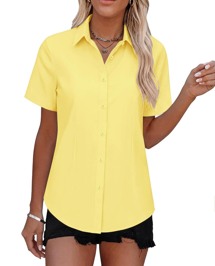 Gleeivy Women Button Down Shirt Fitted Stretch Short Sleeve Stain-Resistant Dress Tops with Collar Dailywear Yellow XXL
