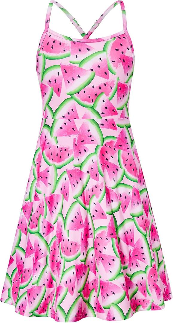 Girls Summer Sundress Adjustable Strap Cami Dress Spaghetti Strap Dresses Size 4-13 (5-6 Years, Watermelon 01)
