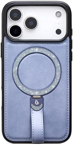 Bullroye for iPhone 17 Pro Max Case Leather Glitter | iPhone 17 Pro Max Leather Case with Sparkly Shiny Stand Cute Women | Fits for MagSafe (Sky Blue, IP17 Pro Max)