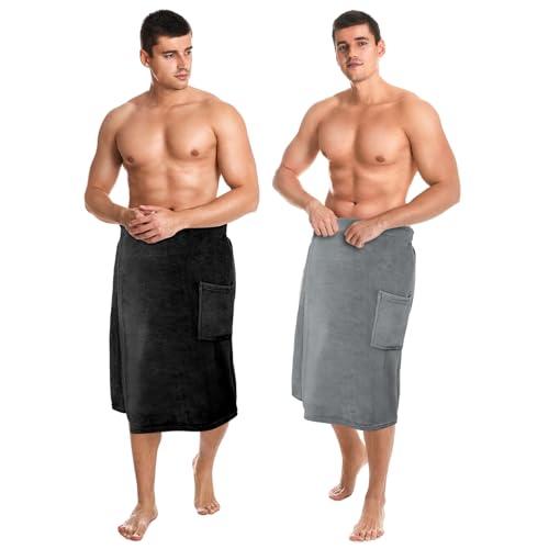 Tudomro 2 Pcs Men's Bath Wrap Towel X-Large Shower Adjustable Terry Body Spa Towel with Pocket After Shower Wrap for Men Gift Spa College Bath Dorm Room Gym(Black, Gray)